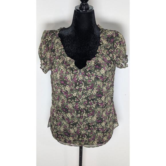 Converse women Floral Purple Brown short sleeve sheer trough Top blouse top sz L - Picture 1 of 10